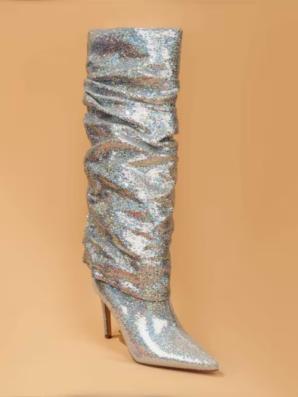 Chic Metallic Silver Sparkly Slouchy Knee-High Boots